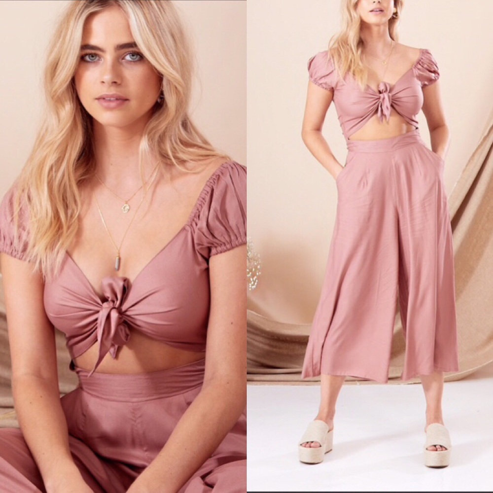 Pink Tie Front Culotte Jumpsuit - Picture 1 of 7